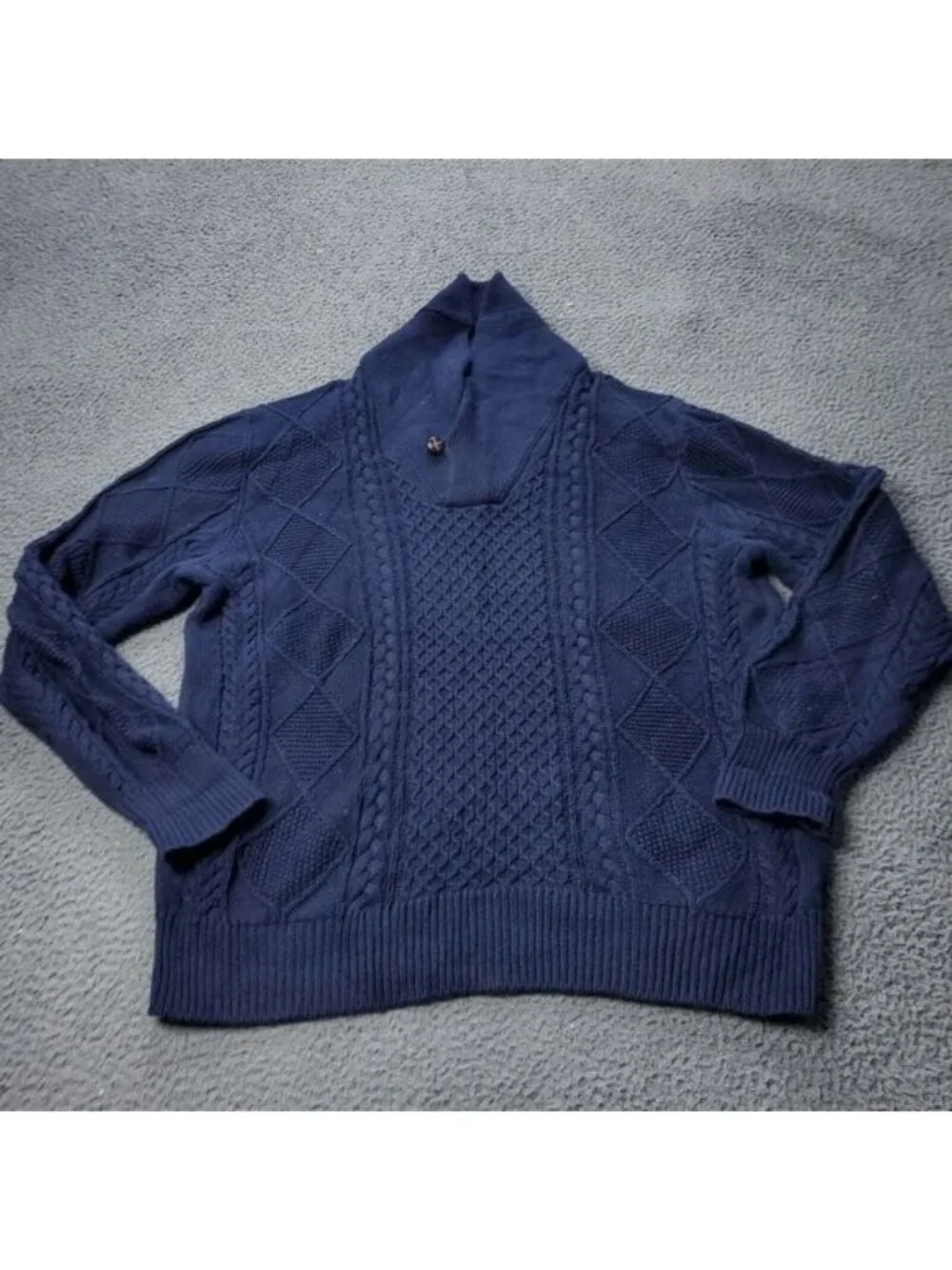 J. Crew Sweater Men Large Cotton Knit Cable Fisherman Button Cowl Pullover Blue